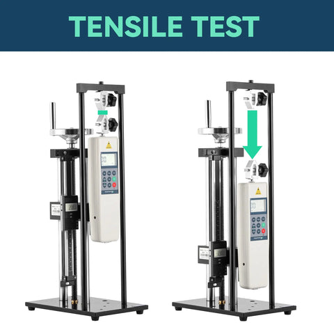 Beefy 500N Force Gauge With Wheel Operated Test Stand And 150mm Stroke Built For Quick Accurate Push Pull And Tensile Tests Rugged Pro Grade System With Clear Readout And Ready For Lab Or Shop Use HLB. tensile test stand with digital force gauge and clamps, 150mm stroke