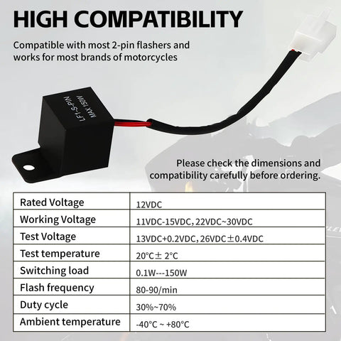 Motorcycle LED Flasher Relay 2 Pin 12V DC Automatic Operation Universal Fit with compatibility details displayed