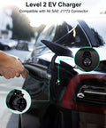 Person plugging Level 2 EV Charger 32Amp 7.68kW Portable Home Charger into car with J1772 connector, close-up view.