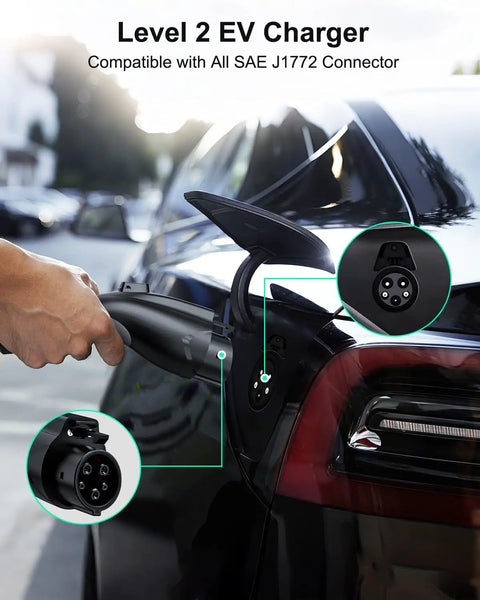 Person plugging Level 2 EV Charger 32Amp 7.68kW Portable Home Charger into car with J1772 connector, close-up view.