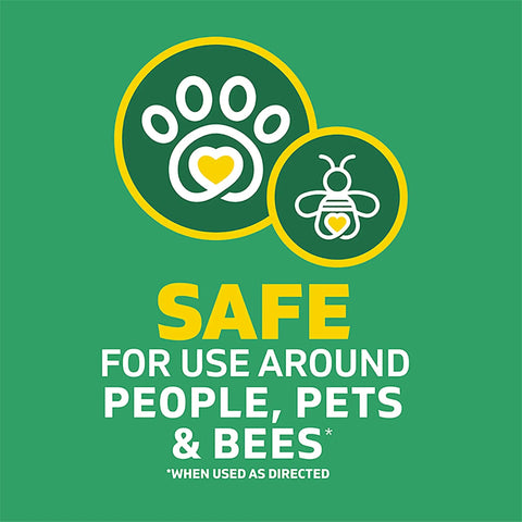 Label showing 'Safe for Use Around People, Pets & Bees' from Weed Killer Spray Kit With Reusable Wand Sprayer For Spot Treating Driveways Gardens And More 64 Ounce Bottle Delivers Visible Results In About An Hour Pet Safe When Used As Directed