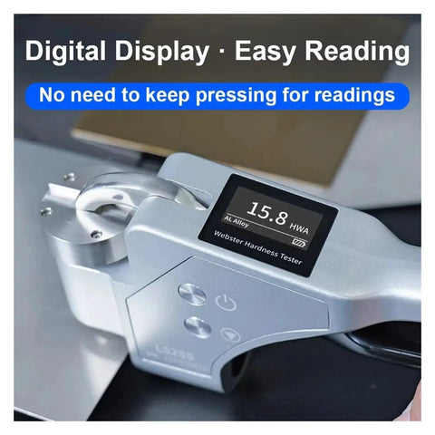Portable Digital Webster Hardness Tester For Aluminum Alloy Metals displaying 15.8 HWA reading on a digital screen.