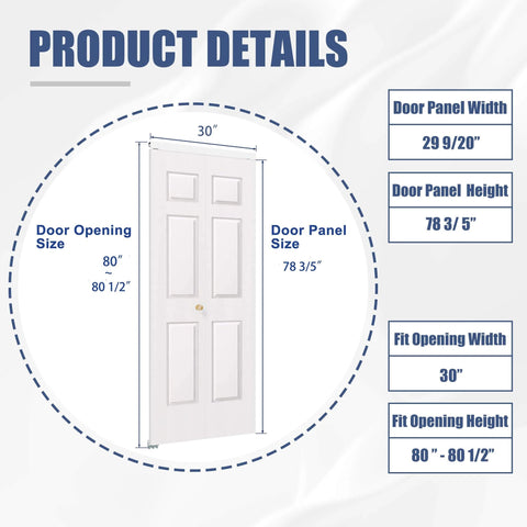 Bifold Closet Door For 30 x 80 Opening, 6 Lite Panel Hollow Core With Hardware Kit, shown with dimensions and fit opening size.