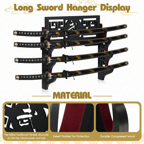 Katana Holder Wall Mount Sword Stand For Samurai And Wakizashi Display 4 Tier Black Rack Hanger With Felt Protection Strips
