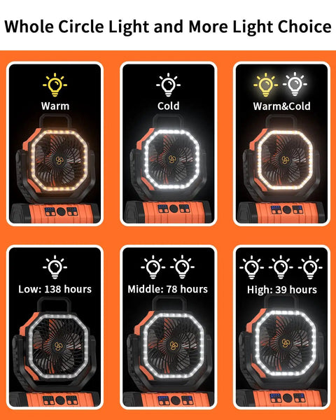 Must Have Camping Fan With 20000mAh Battery Pack Cordless Portable Outdoor Tent Fan Hanging Hook 4 Speeds Light Options