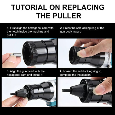 Cordless Automatic Rivet Gun With 26V Battery Brushless Electric Blind Rivet Nut Tool Kit Portable Rivet Nut Kit For Aluminum Iron Steel Lightweight No Fuss Easy One Hand Operation For Fast Clean Assembly On The Go tutorial showing puller replacement steps