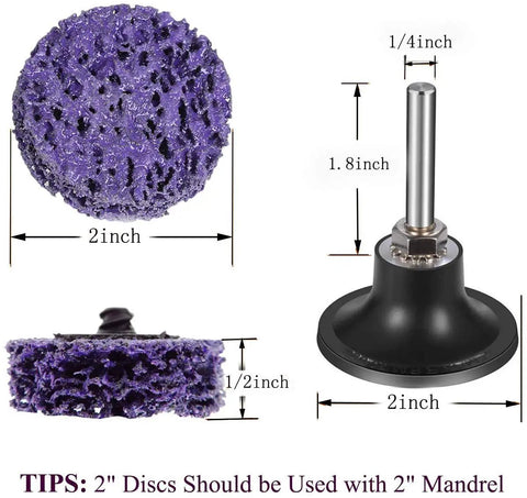 Two Inch Quick Change Strip Discs Set, 21 Pcs Paint Stripping Wheels For Drill Or Die Grinder, showing dimensions and attachment