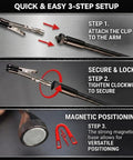 Magnetic Helping Hands Soldering Tool with four flexible gooseneck clamps and strong magnetic base showing 3-step setup process.