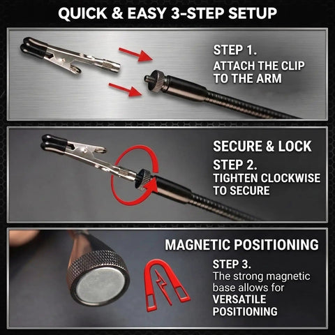 Magnetic Helping Hands Soldering Tool with four flexible gooseneck clamps and strong magnetic base showing 3-step setup process.