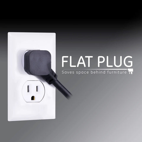 Flat plug design of Six Outlet Surge Protector With A 20 Foot Extension Cord For Your Home Office, Workshop Or Garage.
