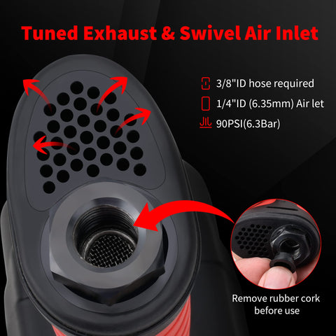 Compact Half Inch Air Impact Wrench exhaust and swivel air inlet with rubber cork removal, 700 ft-lb max torque, 9000 RPM