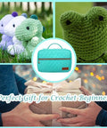 All In One Crochet Kit For Beginners With 14 Ergonomic Crochet Hooks 12 Yarn Skeins Stitching Tools Crochet Bag And Step By Step Guide In Bright Blue For Easy Crafting with stuffed crochet animals and gift package.