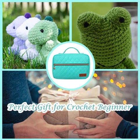 All In One Crochet Kit For Beginners With 14 Ergonomic Crochet Hooks 12 Yarn Skeins Stitching Tools Crochet Bag And Step By Step Guide In Bright Blue For Easy Crafting with stuffed crochet animals and gift package.