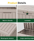 45 Gallon Outdoor Storage Deck Box Weatherproof Resin Chest with built-in handle, lockable lid, wood-grain texture, and large opening angle