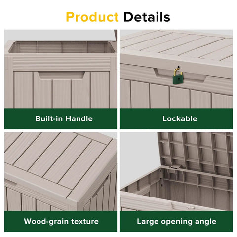 45 Gallon Outdoor Storage Deck Box Weatherproof Resin Chest with built-in handle, lockable lid, wood-grain texture, and large opening angle