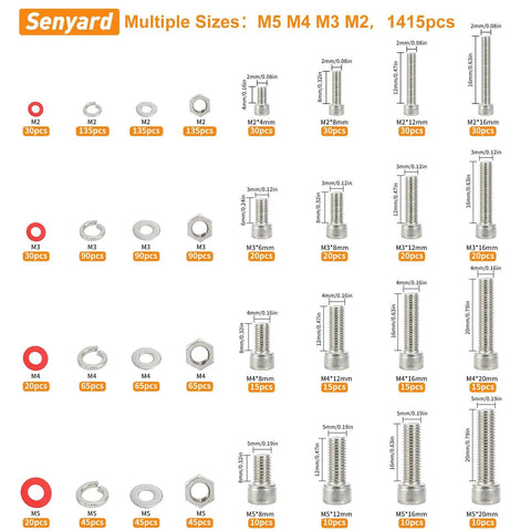 Metric Nuts And Bolts Kit With 1415 Pieces For M2 To M5 Sizes 304 Stainless Steel Socket Head Cap Screws Lock And Flat Washers Nuts Self Tapping Screws Tweezers And Washers Set For Home DIY Projects, showing various sizes and quantities of components.