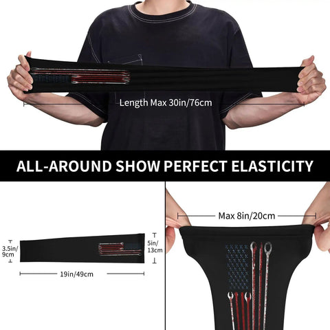 Image of Snag These Chill Premium Arm Sleeves With Epic Us Flag Print displayed with measurements, showcasing elasticity and design.