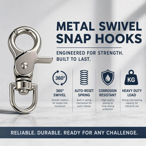 Heavy Duty Metal Swivel Snap Hooks Twelve Pack Slick 360 Spin Trigger Clips For Purses And Keychains Built Tough Industrial Grade Hardware shown in close-up.