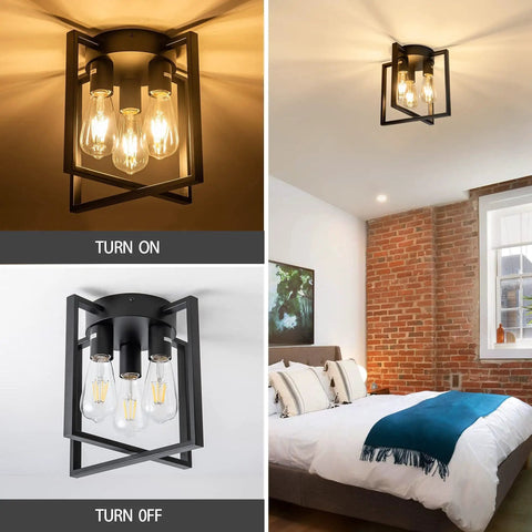 Three Light Black Ceiling Light Fixture, Farmhouse Industrial Matte Black Finish, Durable Rust Proof Metal, Open Frame Design in bedroom