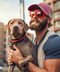 Man in Low Profile Unstructured Vintage Tennis Trucker Hat For Men In Deep Rose With 6 Embroidered Vent Eyelets petting a dog outdoors.