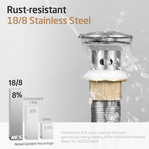 Pop Up Bathroom Sink Drain Stopper With Overflow Detachable Hair Catcher in stainless steel with water splash, rustproof feature shown.