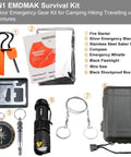 Survival Kit With 6 In 1 Waterproof Case For Camping Hiking Travel And Adventures, includes fire starter, blanket, tool card, and more.
