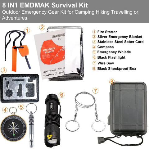 Survival Kit With 6 In 1 Waterproof Case For Camping Hiking Travel And Adventures, includes fire starter, blanket, tool card, and more.