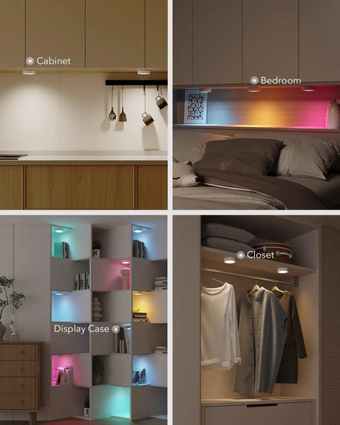 Rechargeable Motion Sensor Puck Lights 4 Pack RGB Under Cabinet Lighting With Remote installed in various room settings
