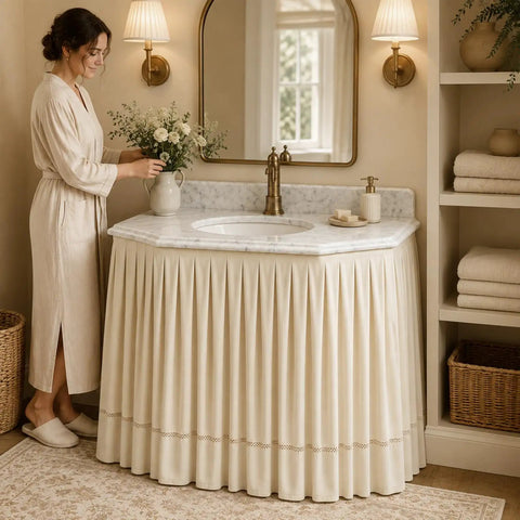 Peel And Stick Under Sink Skirt Cover In Crisp White Pleated Cotton concealing plumbing beneath a stylish sink.