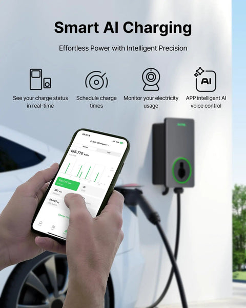 Person using smartphone app to monitor Level 2 EV Charger Up To 50 Amp 240 Volt Hardwired Indoor Outdoor Fast Charging Station, wall-mounted