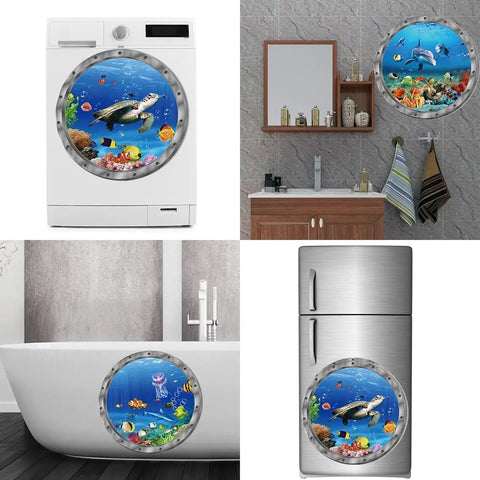 9 Piece Ocean Animals Wall Sticker Set With 3D Look Removable Peel And Stick Vinyl Decals on washing machine, wall, bathtub, fridge
