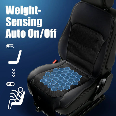 Black car seat with 3D mesh showing Beat The Heat With A Universal Cooling Car Seat Cover, 12V-24V, 3-Speed Air Cooled Seat Cushion