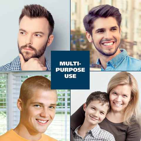 Collage showing diverse hairstyles, demonstrating Color Pro Complete Haircutting Kit With Easy Color Coded Guide Combs use for all ages.