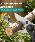 Heavy Duty Pruning Shears With Kinetic Swivel Handle cutting thick branch, showing sharp SK5 blade in action, 8 inch clippers.