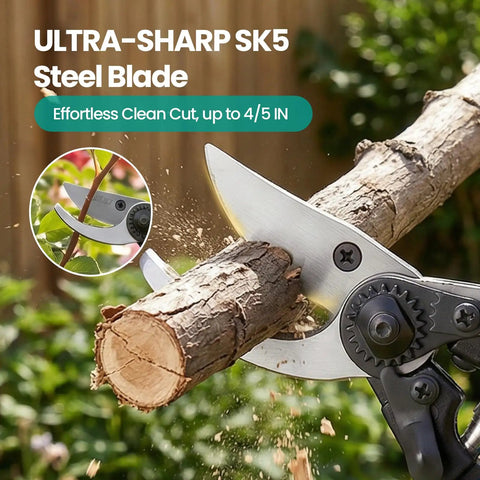 Heavy Duty Pruning Shears With Kinetic Swivel Handle cutting thick branch, showing sharp SK5 blade in action, 8 inch clippers.