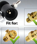 CO2 Refill Adapter for Soda Makers with 24 Inch Stainless Braided Hose, Pressure Gauge and Dual On Off Valves, fit diagram