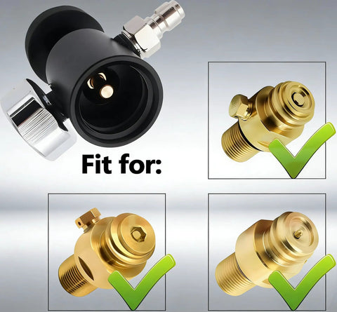 CO2 Refill Adapter for Soda Makers with 24 Inch Stainless Braided Hose, Pressure Gauge and Dual On Off Valves, fit diagram