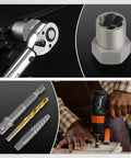 Spiral Screw Extractor Set 30-Piece Kit With Left Hand Cobalt Drill Bits And Nut Removers, Heavy Duty Cr-Mo Steel shown in use.