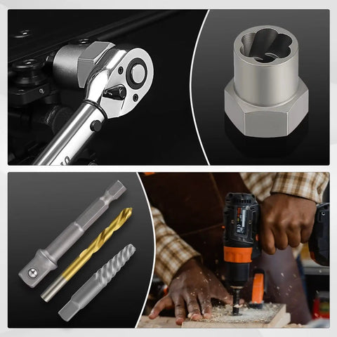 Spiral Screw Extractor Set 30-Piece Kit With Left Hand Cobalt Drill Bits And Nut Removers, Heavy Duty Cr-Mo Steel shown in use.