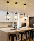 Next Level 2 Pack Matte Black Pendant Lights With Textured Water Ripple Glass For Kitchen Island And Dining Room Square Hanging Fixtures in modern kitchen.
