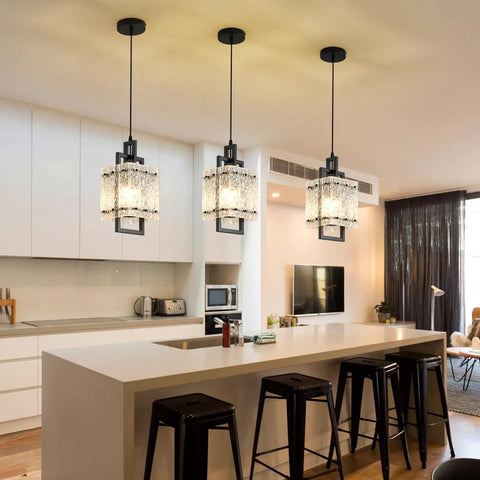 Next Level 2 Pack Matte Black Pendant Lights With Textured Water Ripple Glass For Kitchen Island And Dining Room Square Hanging Fixtures in modern kitchen.