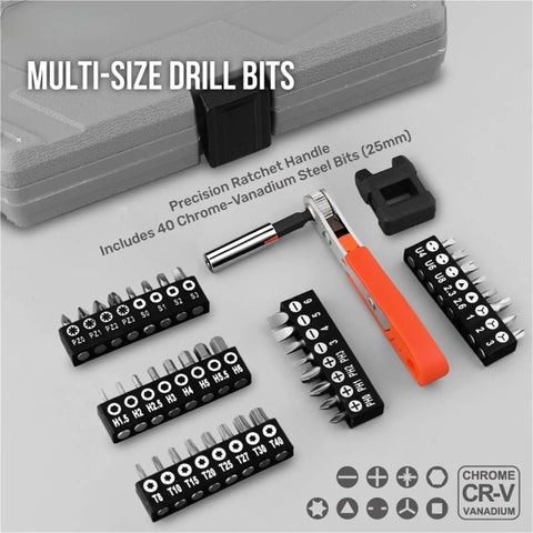 Pro Grade 64 Piece Socket And Bit Set With Three Eighths Inch Drive, 72 Tooth Ratchet Wrench Kit in Cr V Steel, bit layout