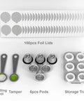 OriginalLine Compatible Reusable Coffee Pods Set With Stainless Steel Capsules Six Pods Plus 100 Lids And Storage Board shown