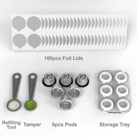 OriginalLine Compatible Reusable Coffee Pods Set With Stainless Steel Capsules Six Pods Plus 100 Lids And Storage Board shown