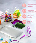 Clear Cellophane Bags For Favors Pack Of 200 For Birthday Parties with colorful candy, twist ties and ribbons