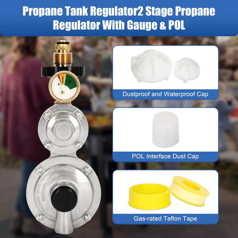 Feikeer vertical two-stage propane regulator with gauge and POL, metal body, front view