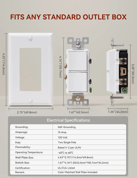 Plug And Play Double Paddle Rocker Light Switch For Two Fixtures Single Pole Decorator Style 15 Amp Self Grounding Electrical Switch Residential Grade UL Listed Glossy White Face Easy Install Reliable Power Control, wall plate dimensions