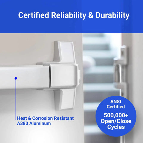 Close-up of exit door panic bars for high traffic commercial doors push bar panic exit device with crash bar emergency opener.