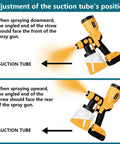 Adjustment of suction tube position for the cordless paint sprayer during downward and upward spraying.