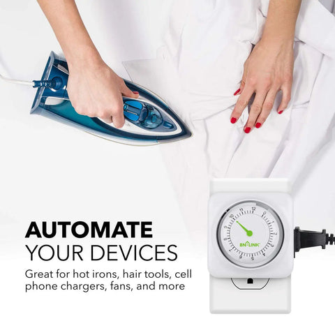 Person using No Fuss Turn Dial Countdown Timer With 3-Prong Grounded Outlet for ironing clothes